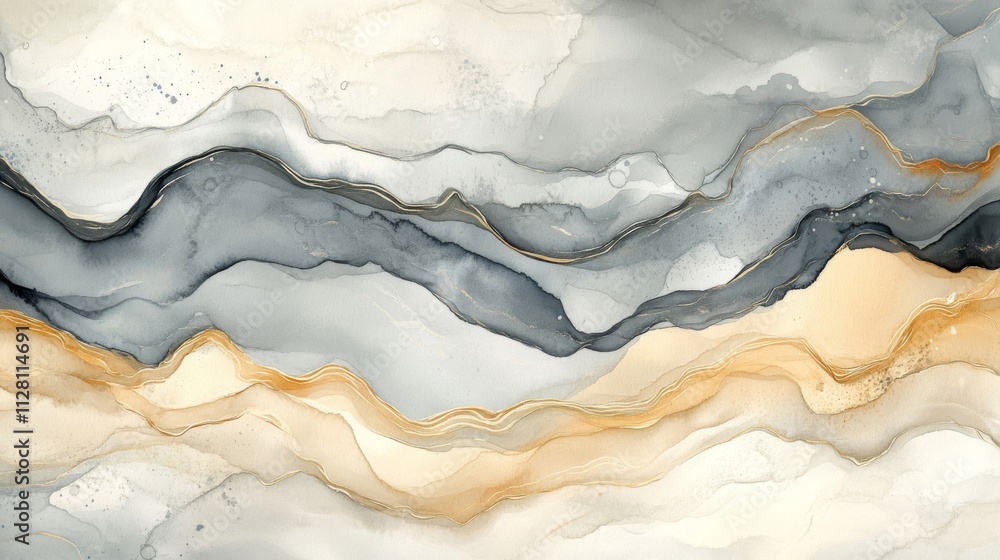 Naklejka premium Abstract Watercolor Landscape in Gray Gold and Beige Tones
