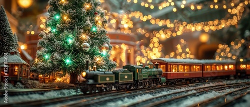 A Christmas tree with green and white lights, with train ornaments, surrounded by model train sets. The backgro, Generative AI