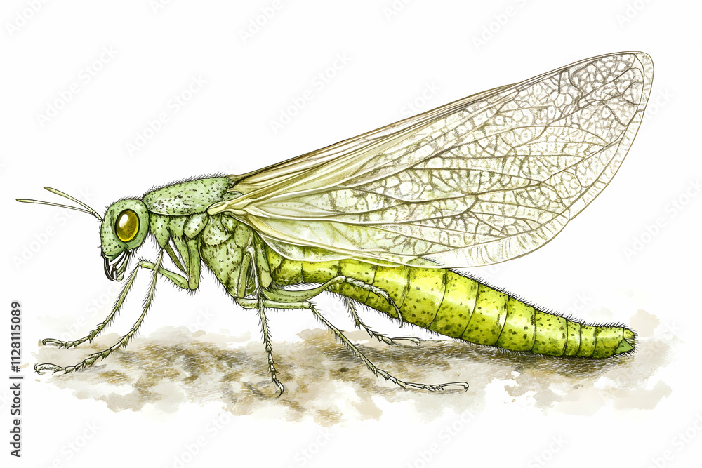 Detailed illustration of a green stonefly insect on the ground. Detailed illustration of a green stonefly insect on the ground.