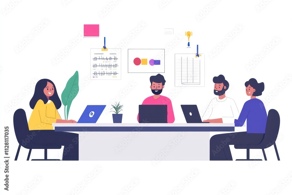 Obraz premium A diverse group of employees working together around a table, collaborating on a shared project with laptops, brainstorming tools, and goal charts on the wall.