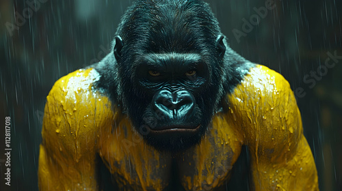 Powerful gorilla in rain, yellow paint on chest. photo