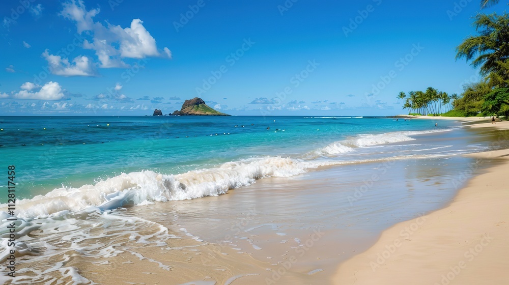 Obraz premium Beautiful Sandy Beach with Soft Blue Ocean Wave, Golden Sand, Gentle Ripple, Ideal Place for Relaxation and Enjoying the Seaside Scenery.