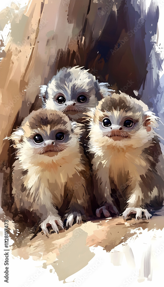 Three adorable baby marmosets peeking from a tree trunk. Three adorable baby marmosets peeking from a tree trunk.