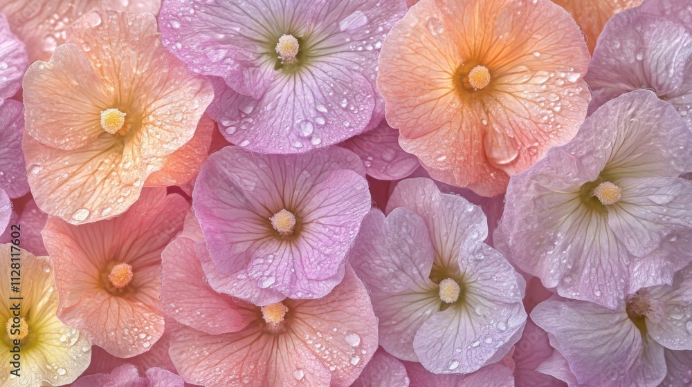 Delicate Dew Kissed Hollyhock Blossoms In Pastel Hues Delicate Dew Kissed Hollyhock Blossoms In Pastel Hues