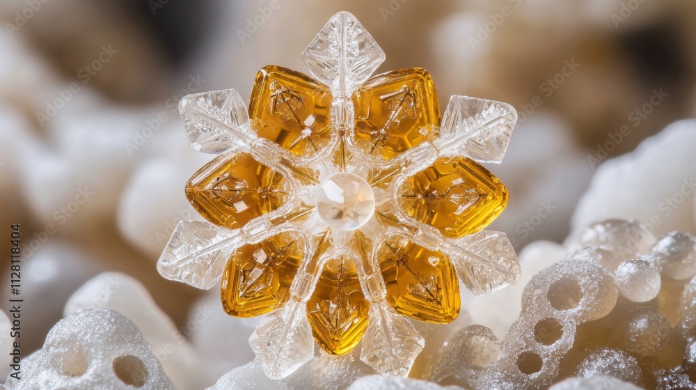 Amber And Clear Crystal Snowflake Macro Photograph Amber And Clear Crystal Snowflake Macro Photograph