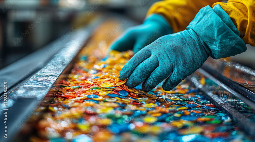 Workers gloved hands meticulously sorting recycled plastic showcasing teamwork sustainability and environmental responsibility in an industrial recycling center emphasizing the importance of waste man Workers gloved hands meticulously sorting recycled plastic showcasing teamwork sustainability and environmental responsibility in an industrial recycling center emphasizing the importance of waste man
