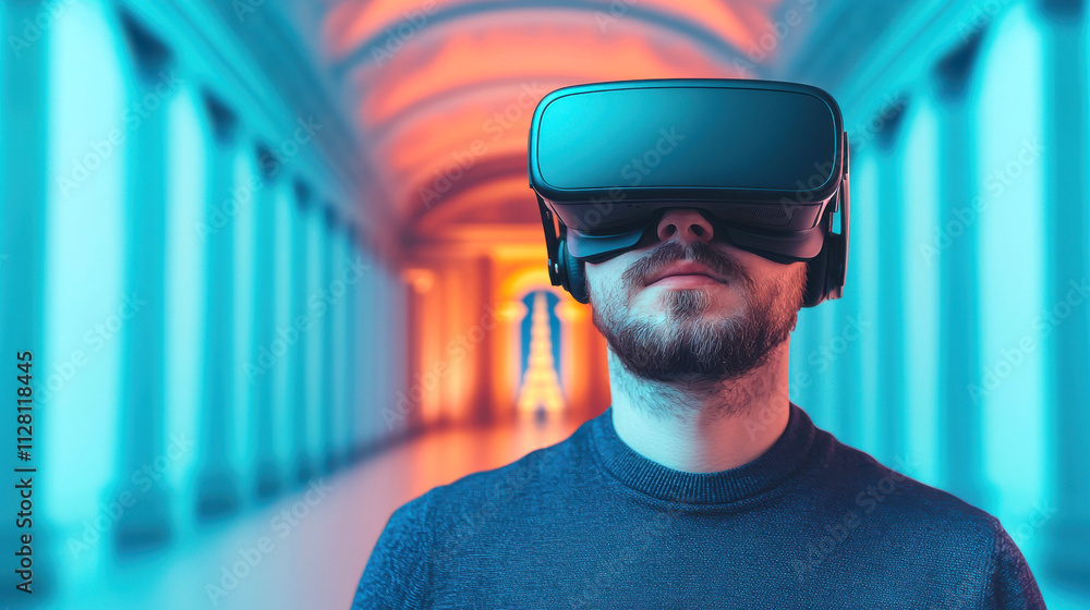 A person wearing a VR headset stands in a brightly lit corridor, immersed in a virtual experience, with blue and orange lighting enhancing the atmosphere. A person wearing a VR headset stands in a brightly lit corridor, immersed in a virtual experience, with blue and orange lighting enhancing the atmosphere.