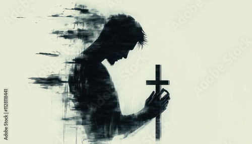 Minimalist Illustration of a Silhouette Praying Figure with Cross in High Contrast Black and White