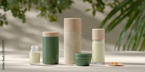 Wallpaper Mural The image features a collection of eco-friendly skincare containers in various shapes and colors, set against a soft, natural backdrop. Torontodigital.ca