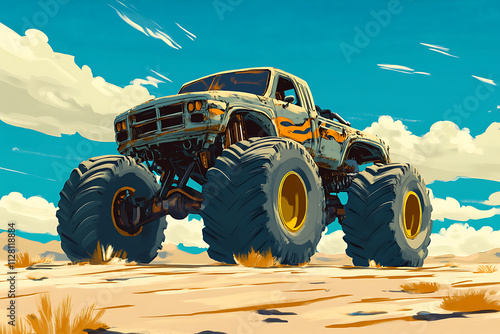 A stylized monster truck with oversized tires in a desert landscape under a blue sky. photo