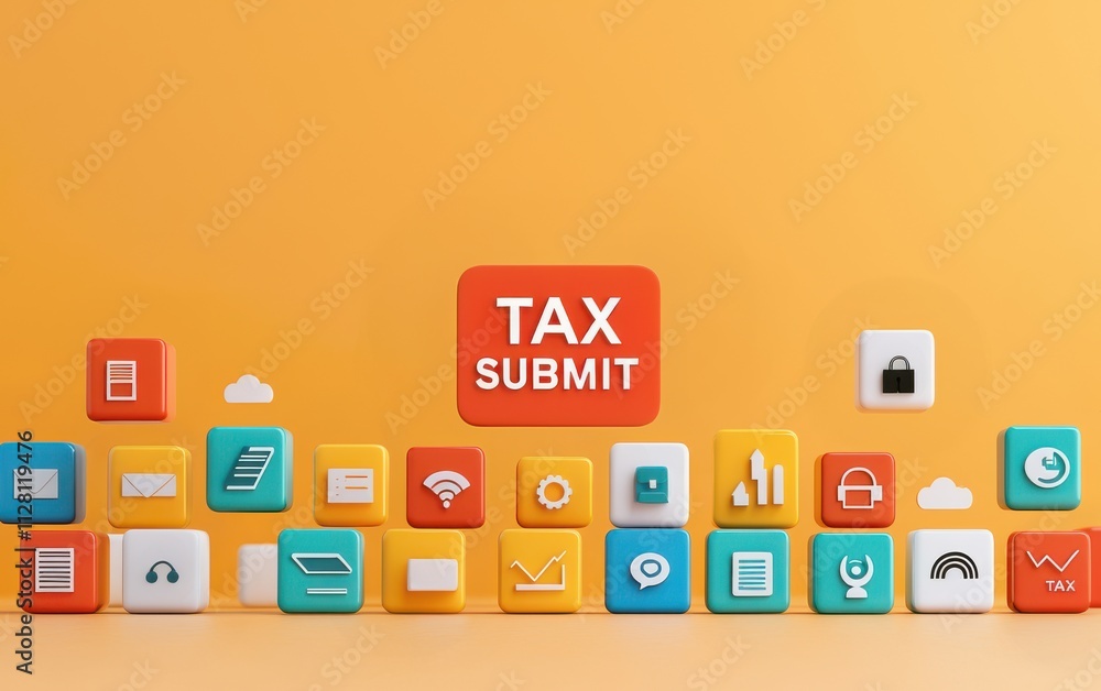 A colorful array of icons related to tax submission, featuring a prominent A colorful array of icons related to tax submission, featuring a prominent