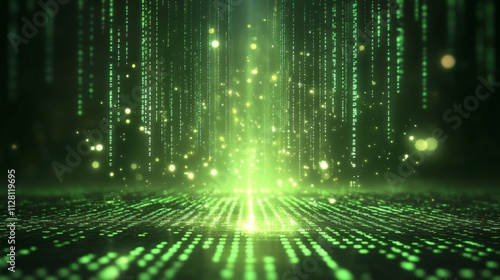 Green Digital Rain Falling Onto A Glowing Grid
