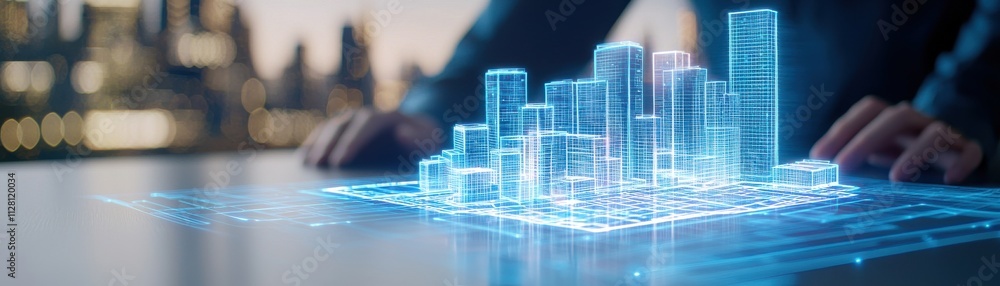 A person interacts with a digital model of a cityscape, showcasing futuristic architecture and technology in an urban environment. A person interacts with a digital model of a cityscape, showcasing futuristic architecture and technology in an urban environment.