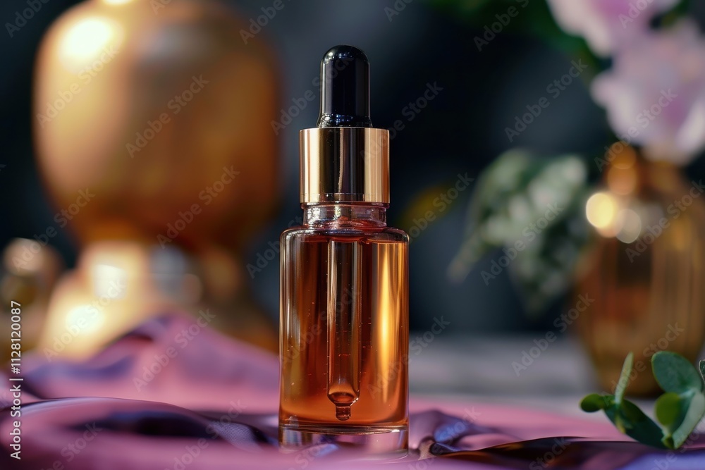 Glass dropper bottle with golden cap on a silk fabric surface surrounded by blurred decorative elements in a softly lit setting Glass dropper bottle with golden cap on a silk fabric surface surrounded by blurred decorative elements in a softly lit setting