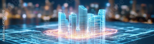 A futuristic digital cityscape with glowing skyscrapers and a grid-like layout, representing advanced technology and innovation in urban development.