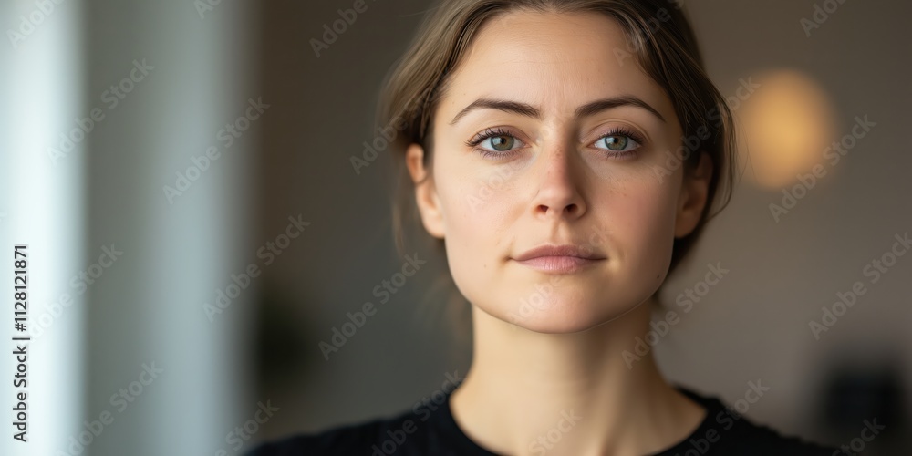 A young woman exudes calm and confidence as she gazes directly into the camera, embodying strength and presence in a minimalist environment. A young woman exudes calm and confidence as she gazes directly into the camera, embodying strength and presence in a minimalist environment.