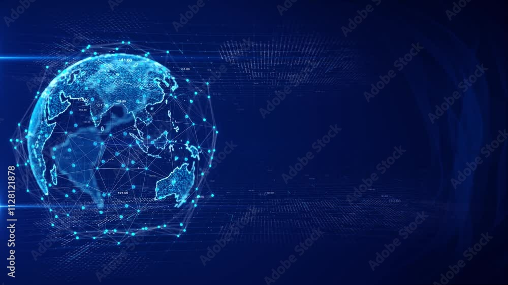 Cyber Futuristic Worldwide Business Global 3D World trade map of 5G smart deep tech space AI big data fintech web3 blockchain crypto money internet of things IOT. Speed online news Earth Security 4K