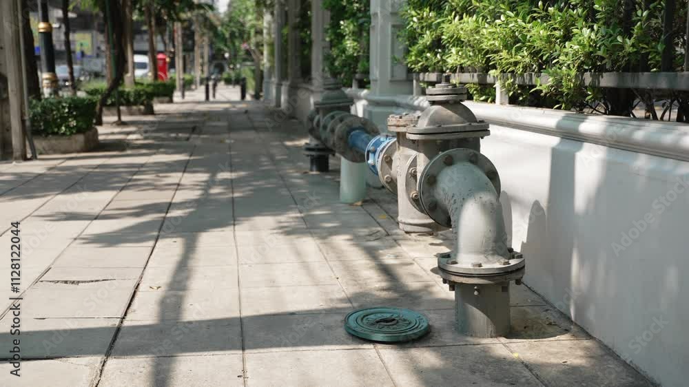 Valve and Piping of City Water Supply System on the empty sidewalk. Bangkok, Thailand Valve and Piping of City Water Supply System on the empty sidewalk. Bangkok, Thailand
