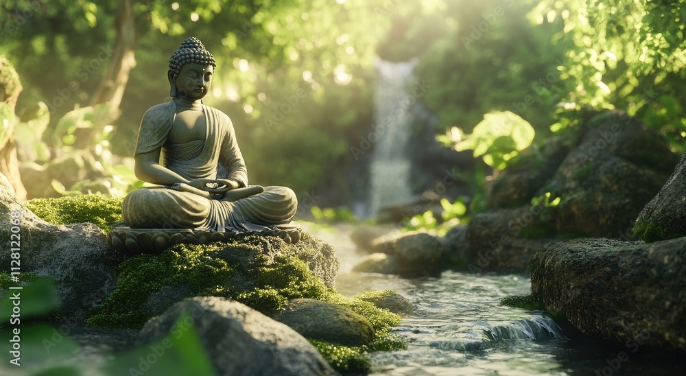 A serene and peaceful scene of a Buddha statue meditating on mossy rocks, surrounded by lush greenery in the background with sunlight filtering through the leaves A serene and peaceful scene of a Buddha statue meditating on mossy rocks, surrounded by lush greenery in the background with sunlight filtering through the leaves
