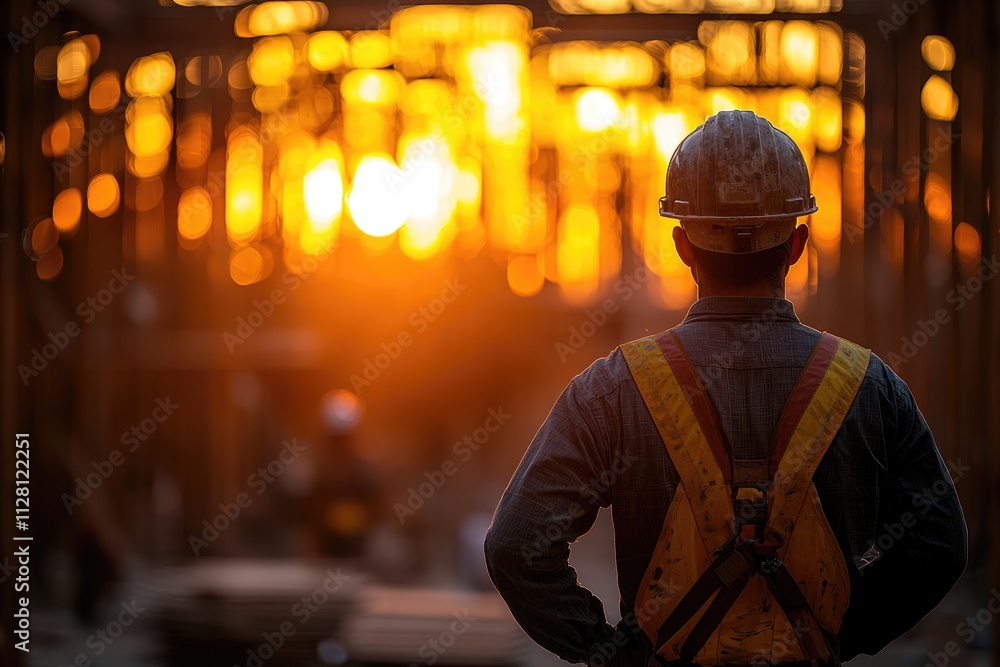 Silhouette of a construction worker stands tall, gazing at the vibrant sunset illuminating a bustling construction site, capturing the essence of hard work and dedication Silhouette of a construction worker stands tall, gazing at the vibrant sunset illuminating a bustling construction site, capturing the essence of hard work and dedication