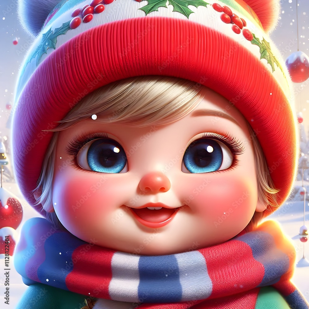 Beautiful Christmas image, with a friendly baby snowman with a Christmas hat and scarf in a beautiful landscape of snowy pine trees Beautiful Christmas image, with a friendly baby snowman with a Christmas hat and scarf in a beautiful landscape of snowy pine trees