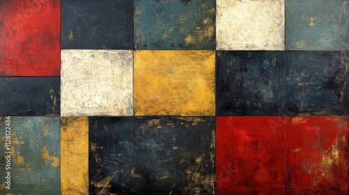 Abstract Grid Painting With Red Gold And Blue Tones