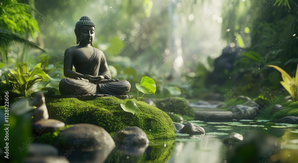A serene and peaceful scene of a Buddha statue meditating on mossy rocks, surrounded by lush greenery in the background with sunlight filtering through the leaves, creating soft shadows A serene and peaceful scene of a Buddha statue meditating on mossy rocks, surrounded by lush greenery in the background with sunlight filtering through the leaves, creating soft shadows