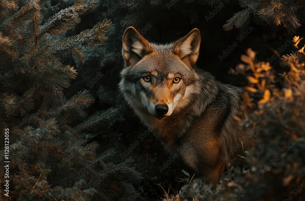 A wolf in the forest, surrounded by pine trees, with its head raised and ears pointed forward A wolf in the forest, surrounded by pine trees, with its head raised and ears pointed forward