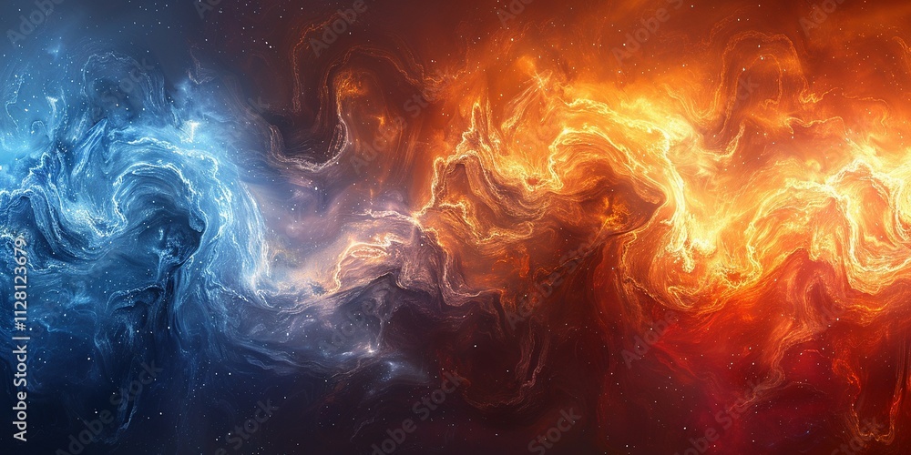 Dynamic Abstract Digital Artwork with Swirling Blue and Orange Colors, Cosmic Energy and Fluid Movement Dynamic Abstract Digital Artwork with Swirling Blue and Orange Colors, Cosmic Energy and Fluid Movement