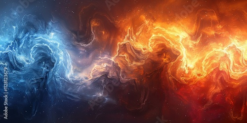 Dynamic Abstract Digital Artwork with Swirling Blue and Orange Colors, Cosmic Energy and Fluid Movement