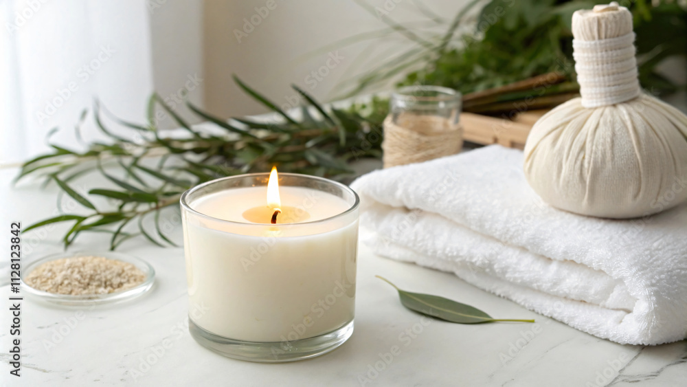 calming spa scene featuring lit candle, towels, and herbal elements, creating serene atmosphere calming spa scene featuring lit candle, towels, and herbal elements, creating serene atmosphere