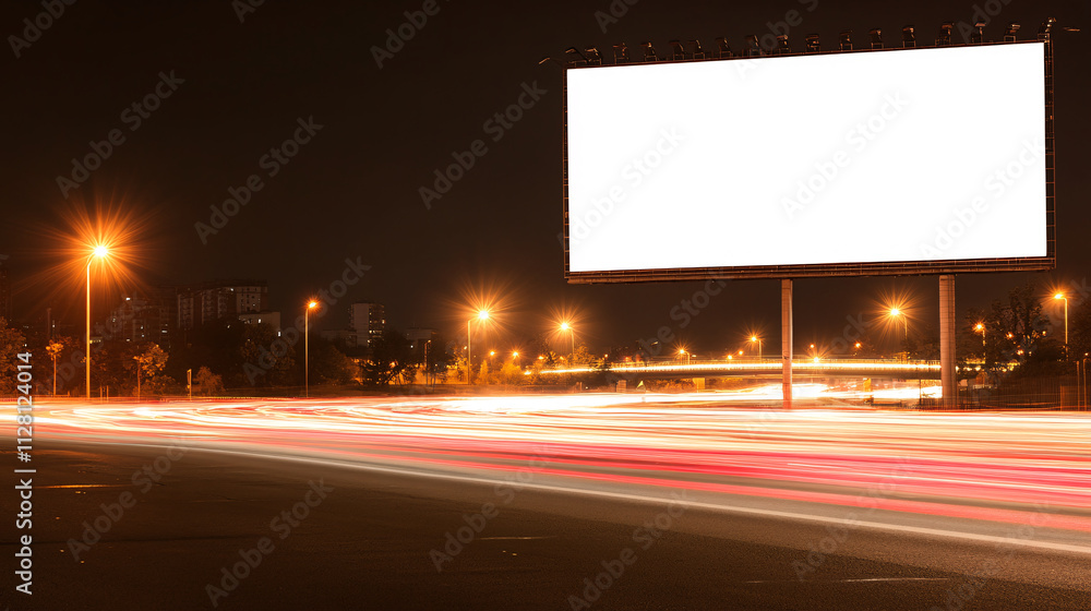 A blank, glowing billboard overlooks a vibrant highway filled with the movement of cars, their headlights and taillights creating streaks of red and white light. The dark night sky and a nearby A blank, glowing billboard overlooks a vibrant highway filled with the movement of cars, their headlights and taillights creating streaks of red and white light. The dark night sky and a nearby
