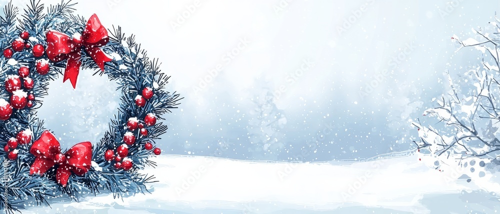 A Christmas banner with a festive wreath on the left side and a snowy background. The right side is blank, Generative AI A Christmas banner with a festive wreath on the left side and a snowy background. The right side is blank, Generative AI