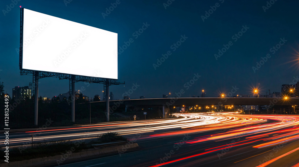 A glowing white billboard stands prominently above a bustling highway at night. Long, colorful streaks of light from speeding cars contrast beautifully with the darkness. A bridge in the distance and A glowing white billboard stands prominently above a bustling highway at night. Long, colorful streaks of light from speeding cars contrast beautifully with the darkness. A bridge in the distance and