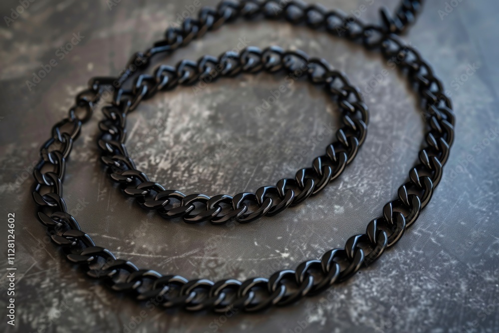 Black metal chains arranged on a textured surface showcasing their intricate links and shine Black metal chains arranged on a textured surface showcasing their intricate links and shine