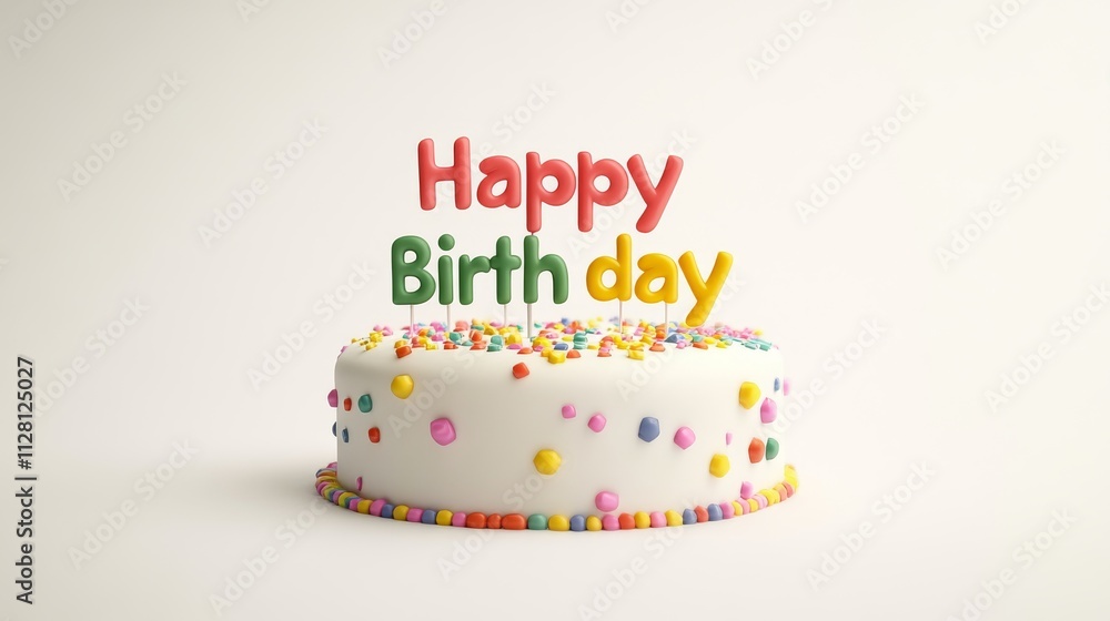 3D white birthday cake with a happy birthday candle with a colorful sprinkle on a white background 3D white birthday cake with a happy birthday candle with a colorful sprinkle on a white background