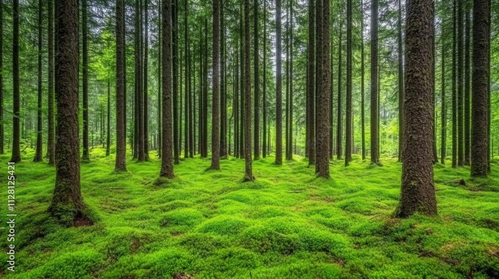 Fototapeta premium Lush Green Forest Mossy Floor Tall Trees