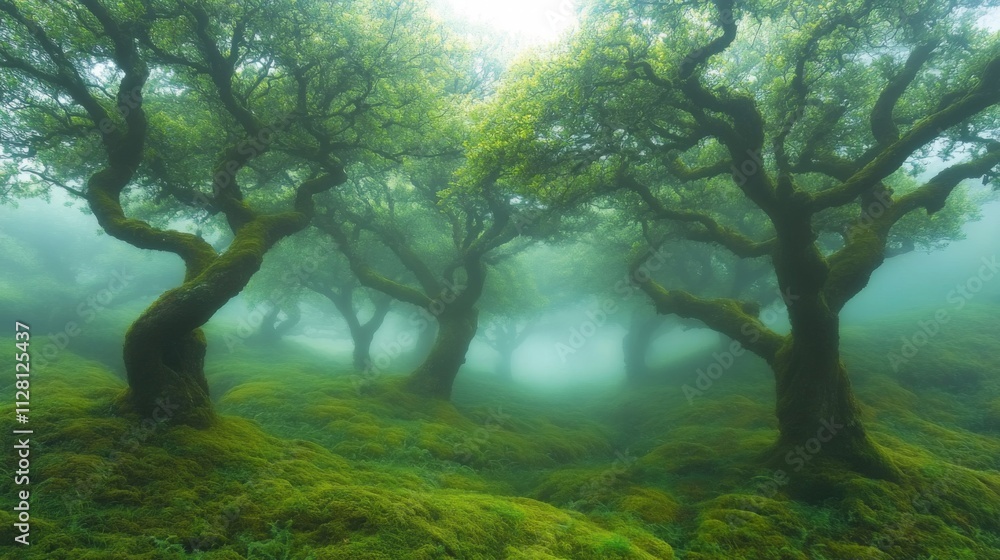 Fototapeta premium Mossy Trees Enveloped In Misty Green Forest