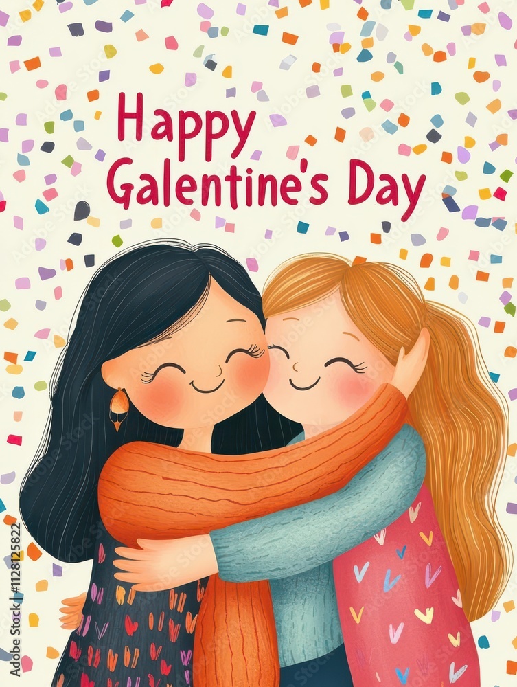 A whimsical cartoon illustration of diverse women hugging, surrounded by confetti and A whimsical cartoon illustration of diverse women hugging, surrounded by confetti and