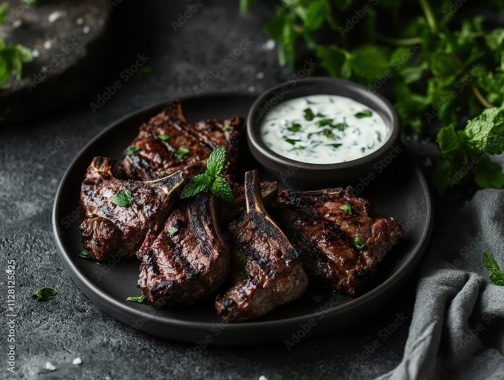 Fototapeta premium Grilled lamb chops served with a mint yogurt sauce on a dark plate.