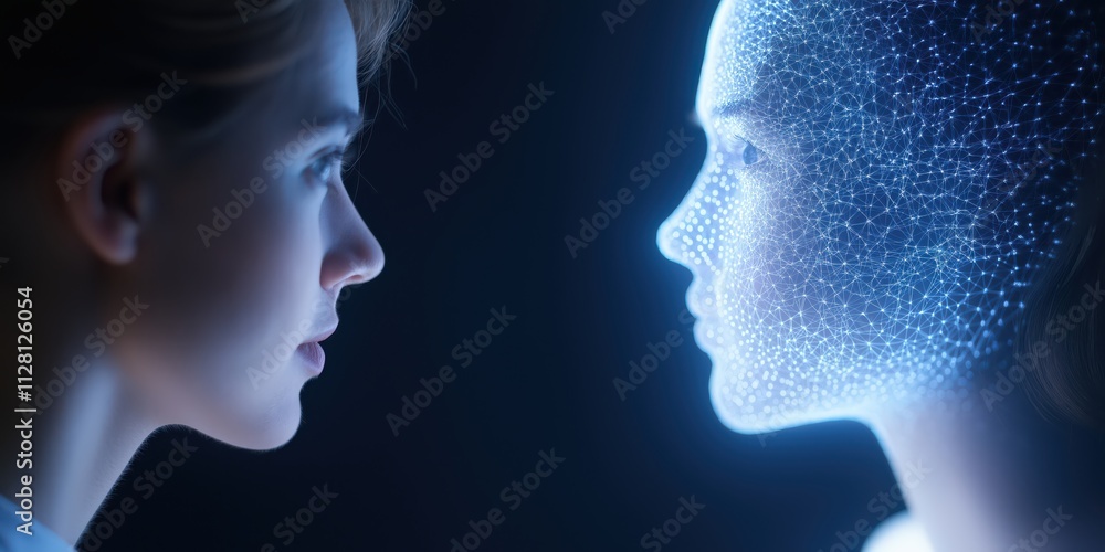 A contemplative scene showcasing a person facing an illuminated digital profile, representing the intriguing relationship between humanity and artificial intelligence. A contemplative scene showcasing a person facing an illuminated digital profile, representing the intriguing relationship between humanity and artificial intelligence.