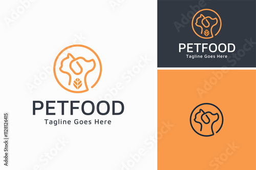 Feline Cat and Dog Canine head with  Cereal Wheat for Healthy Pet Food Nutrition Logo Design