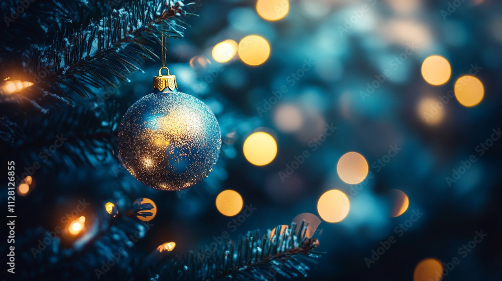 Decorative ball hanging on Christmas tree with glowing lights in the background Decorative ball hanging on Christmas tree with glowing lights in the background