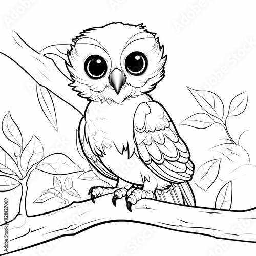 Cute owl sitting on a branch coloring page for kids. Simple animal coloring page