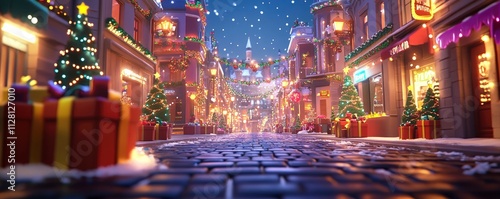 A festive street scene adorned with Christmas decorations and gifts, evoking holiday cheer.