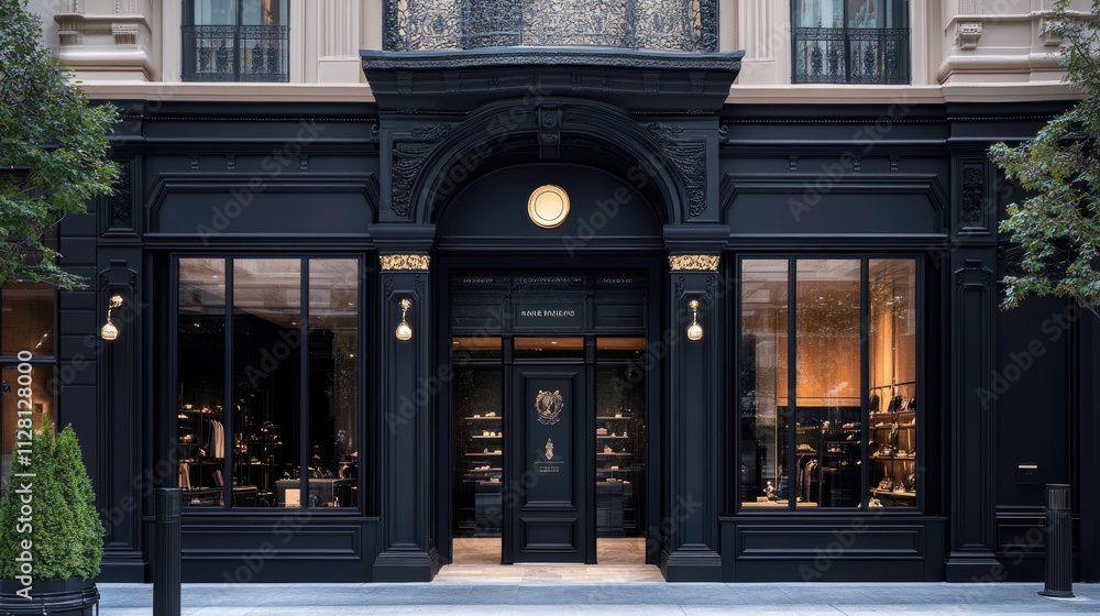 A black-painted boutique facade with Parisian-inspired architectural details, offering a sophisticated and classic look for a luxury retail space A black-painted boutique facade with Parisian-inspired architectural details, offering a sophisticated and classic look for a luxury retail space