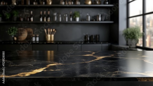 Wallpaper Mural Close-up black marble countertop modern kitchen focus while Empty white table top Torontodigital.ca