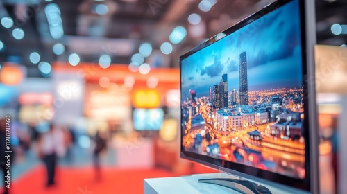 Wallpaper Mural Large flat-screen TV mounted white wall exhibition hall Blurred of Trade fair Torontodigital.ca