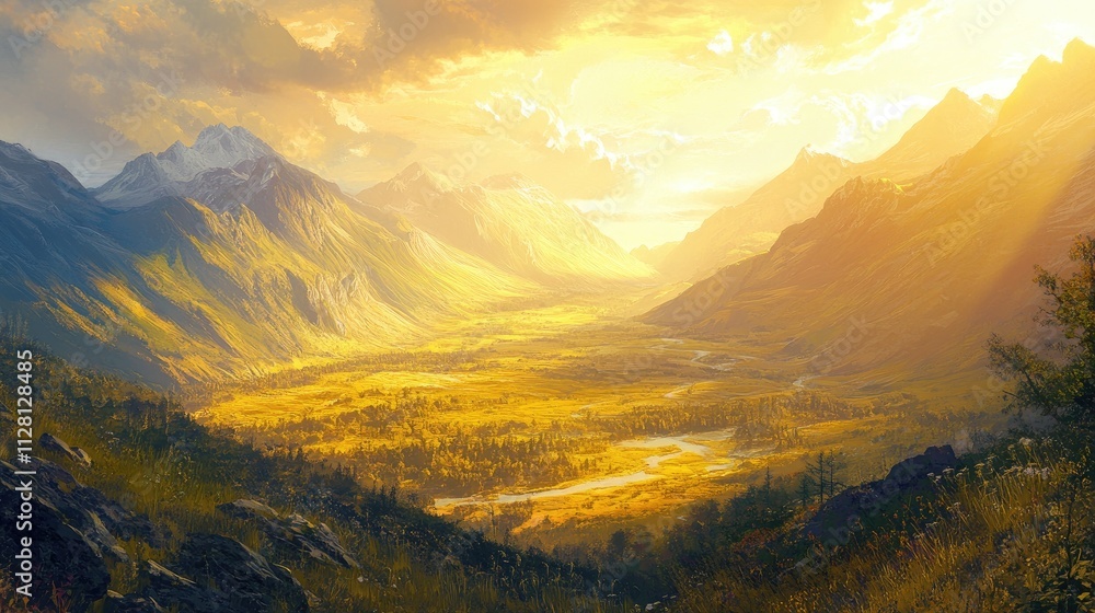 A breathtaking golden valley bathed in warm sunlight, with rolling hills and distant mountains, creating a serene and peaceful landscape A breathtaking golden valley bathed in warm sunlight, with rolling hills and distant mountains, creating a serene and peaceful landscape