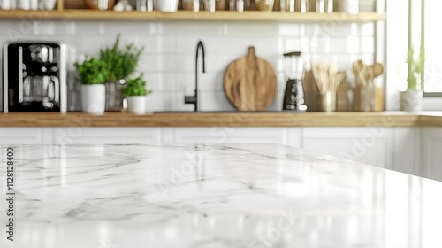 Wallpaper Mural Modern kitchen white marble countertop foreground is focus Empty table top Torontodigital.ca